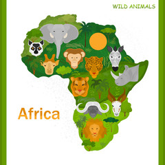 Africa map with wild animals and plants