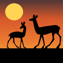 deer silhouette with sunset vector illustration