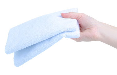 folded white towel in hand on white background isolation