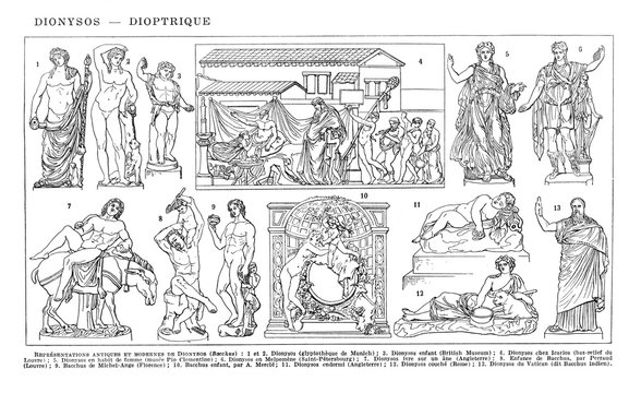 Statues dionysos / Antique engraved illustration from from La Rousse XX Sciele 