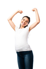 young pregnant woman in white t-shirt standing with hands above head isolated on white