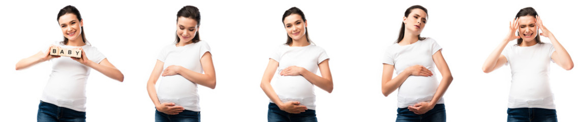 collage of pregnant woman holding wooden cubes with baby lettering, touching belly and head isolated on while
