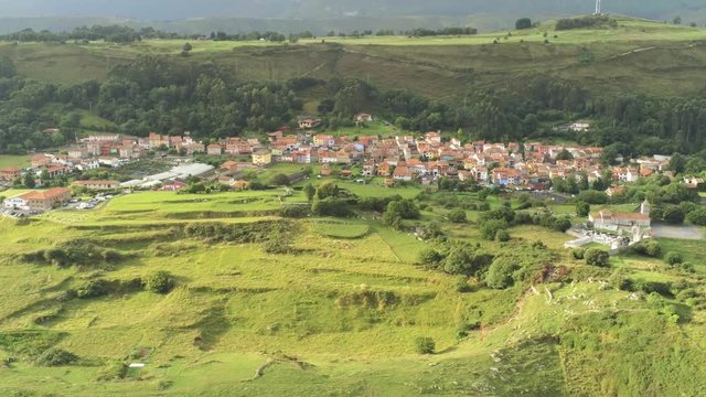 Asturias. Coastal landscape in village of Cue, beach of Llanes. Spain. Aerial Drone Footage