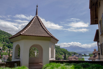beautiful gazebo and view of the city of Thun in Switzerland