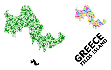 Vector Mosaic Map of Tilos Island of Psychedelic and Green Marijuana Leaves and Solid Map