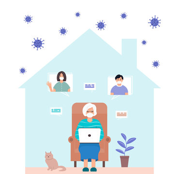 Stay At Home Concept. An Old Woman Communicates With Her Family Online. A Female Character Chatting With Older Children Or Grandchildren During Self-isolation. Grandmother With Laptop. Viral Epidemic.