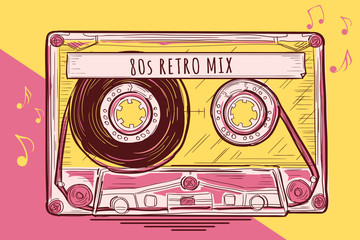 80s retro mix - funky drawn music audio cassette