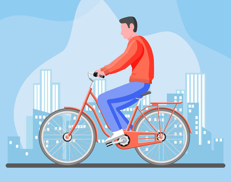 Man on old city bicycle. Guy ride vintage yellow bike isolated on white. Urban transportation vehicle. Cityscape panorama with building. Vector illustration in flat style