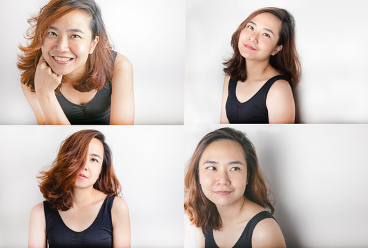 Photo sets of Close up face of beautiful asian woman model with about 30 years old on black vest shows freshness and lively from her bright eyes, white teeth and tan color skin on white background