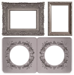 Set of silver frames for paintings, mirrors or photo isolated on white background