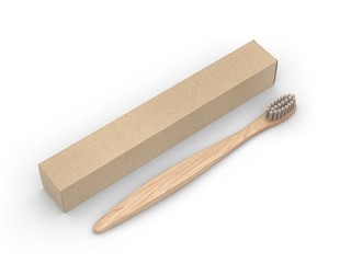 Blank Wooden Bamboo Toothbrush With Box For Mockup Design And Branding. 3d rendering illustration.