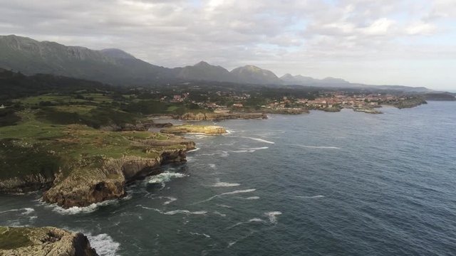 Asturias. Coastal landscape in Cue, beach of Llanes. Spain. Aerial Drone Footage