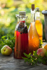 Kombucha second fermented fruit tea with different flavorings. Healthy natural probiotic flavored drink