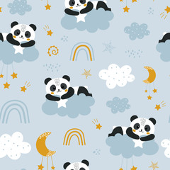 Cute seamless pattern with panda and clouds.