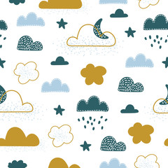 Seamless pattern with cloud and rainbow in the sky.