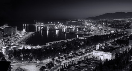 Malaga city with seafront and harbor in the night, monochromatic
