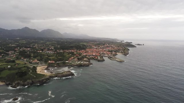 Asturias. Coastal landscape in Cue, beach of Llanes. Spain. Aerial Drone Footage