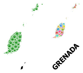Vector Collage Map of Grenada Islands of Colorful and Green Hemp Leaves and Solid Map