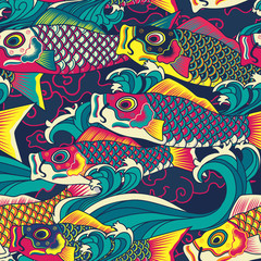 Colorful Koinobori carp streamer, carp-shaped windsocks seamless pattern background