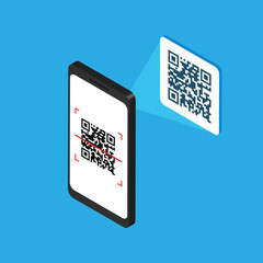 Isometric smartphone with qr code on screen. Process scanning code by phone. Qr label sticker. Vector illustration isolated on blue background.