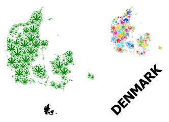 Vector Mosaic Map of Denmark of Colorful and Green Hemp Leaves and Solid Map