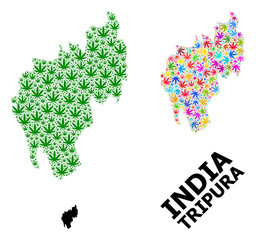 Vector Mosaic Map of Tripura State of Psychedelic and Green Weed Leaves and Solid Map