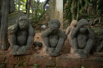 Fototapeta na wymiar Three statues of monkeys. Symbolism with the concept of not seeing evil, not hearing evil, not speaking evil.