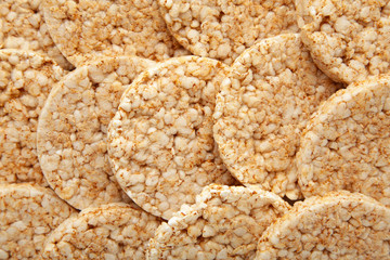 A stack of dietary round, airy, crisp buckwheat crispbread background