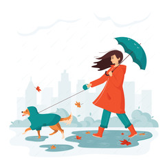 Happy young woman with umbrella walks a dog in a raincoat in city park in rainy autumn. Concept of outdoor activity in bad weather with a pet. Dog from shelter is the best friend. Vector illustration