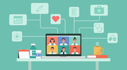 online healthcare and medical consultation services concept, group of doctors video conferencing on laptop screen and medicine icons, vector flat illustration