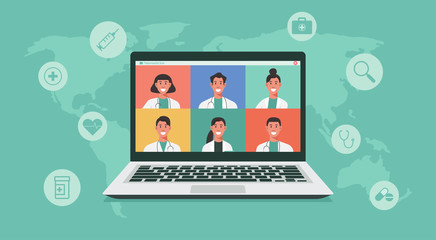 online healthcare and medical consultation services around the world concept, group of doctors video conferencing on laptop screen and medicine icons, vector flat illustration