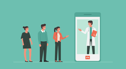 group of people discusses to doctor online via mobile phone, virtual meeting vector flat illustration