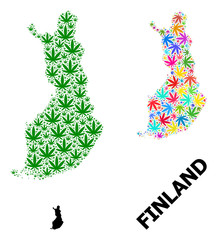 Vector Mosaic Map of Finland of Psychedelic and Green Hemp Leaves and Solid Map