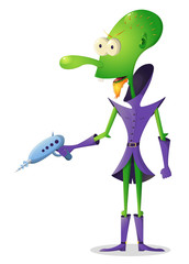 Colorful vector illustration of a cartoon green alien with a long nose and red beard, big eyes, purple clothes and boots and a blaster isolated on white background. 
