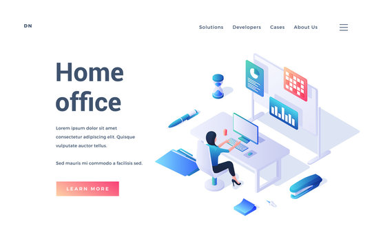 Isometric banner with home office and person working remotely