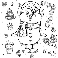 Stylish and enthusiastic snowman in a warm headphones and striped scarf shares his nice holiday mood