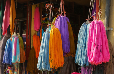 colorful woolen threads for sale at the local market. shot at Srinagar in Jammu and Kashmir on 18 dec2014