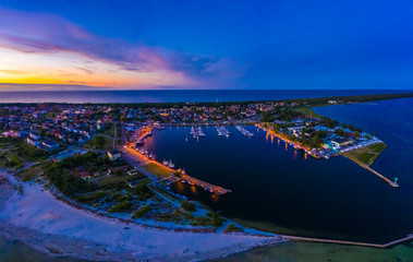 Beautiful Panorama color sky, sunset by the Baltic Sea, Jastarnia, Poland. Harbor. Aerial View