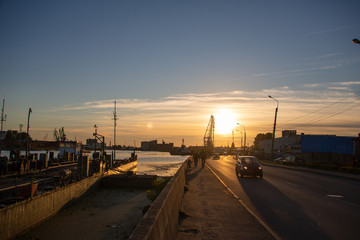 Fototapeta na wymiar View of the Kaliningrad port at sunset