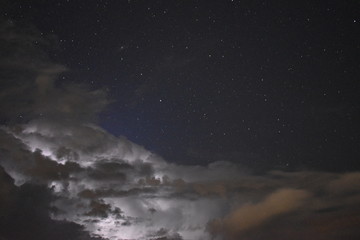Fototapeta na wymiar Relámpagos nocturnos en una noche estrellada