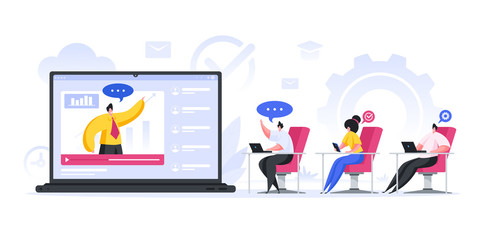 Modern workers watching business webinar on digital devices