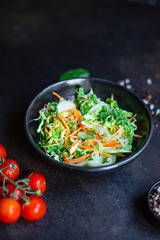 vegetables salad snack Peking cabbage savoy, onion, carrot, pepper and other vegetarian serving size top view place for text copy space keto or paleo diet raw