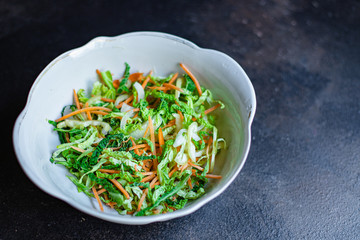 vegetables salad snack Peking cabbage savoy, onion, carrot, pepper and other vegetarian serving size top view place for text copy space keto or paleo diet raw