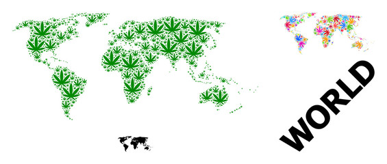 Vector Collage Map of World of Bright and Green Hemp Leaves and Solid Map
