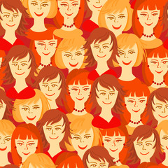 Faces of young women. Smiling women with blonde hair and brown hair stand shoulder to shoulder. The concept of friendship, feminism, and women's unity. Silent pattern.