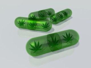 Obraz na płótnie Canvas Marijuana leaf in capsule. 3D rendering