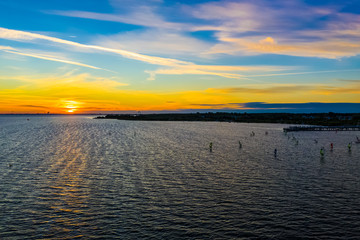 Fototapeta na wymiar Beautiful Panorama color sky, sunset by the Baltic Sea, Jastarnia, Poland. Aerial View