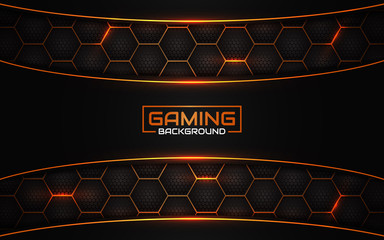 Abstract futuristic black and orange gaming background with glossy metal esport shapes. Vector design template technology concept can use element game banner, sport poster, wallpaper, web streaming © Majri