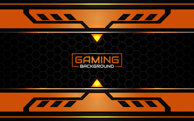 Abstract futuristic black and orange gaming background with glossy metal esport shapes. Vector design template technology concept can use element game banner, sport poster, wallpaper, web streaming
