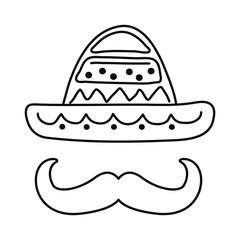 traditional mexican hat with mustache line style icon